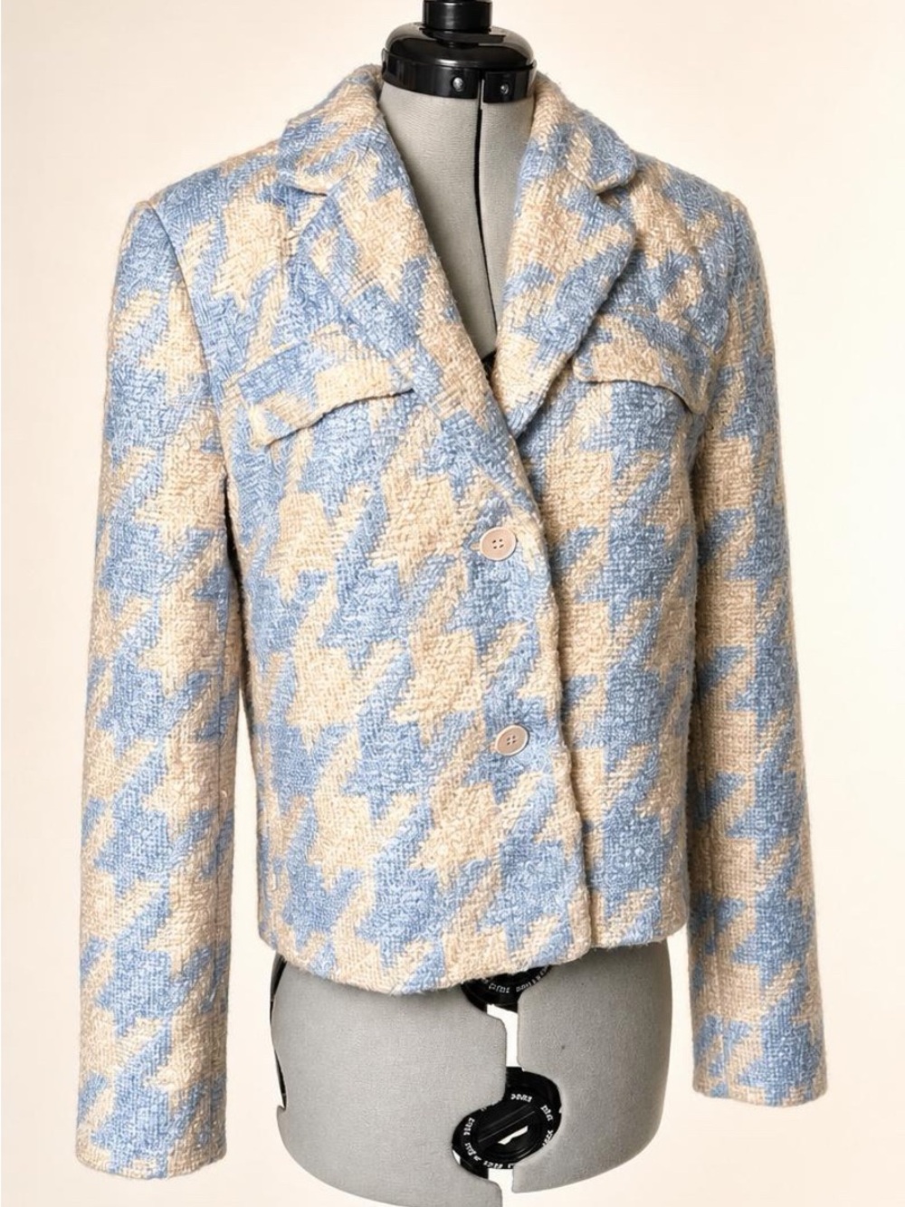 Express NWT Macro Houndstooth Bouclé Boxy Blazer, 2Button, lt blue/cream,XS